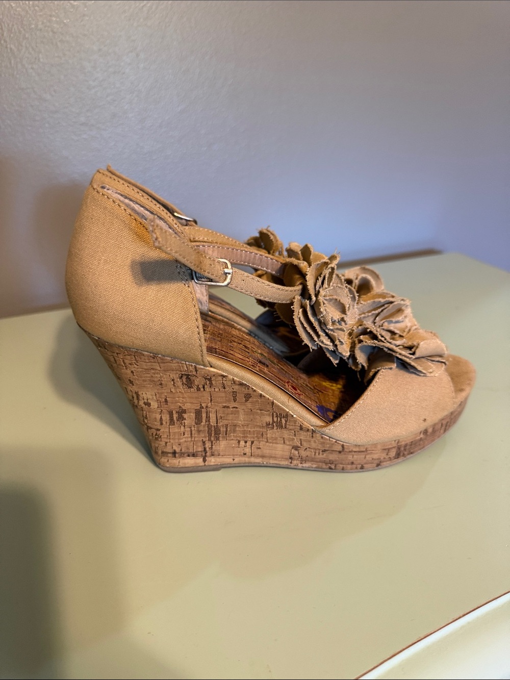 Olsenboye Beige Floral Peep-Toe Wedge Sandals